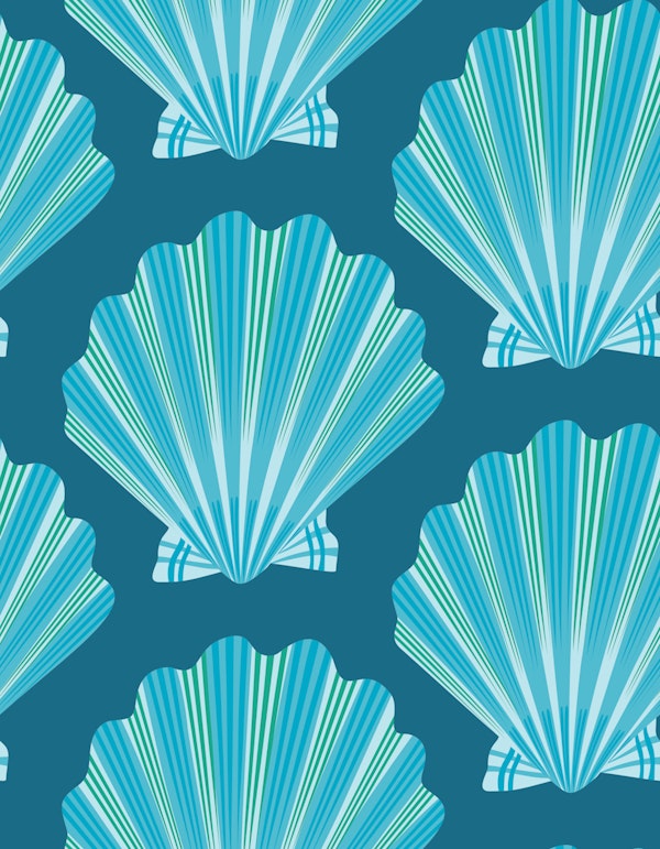 Retro Scallop Shells - turquoise on teal blue