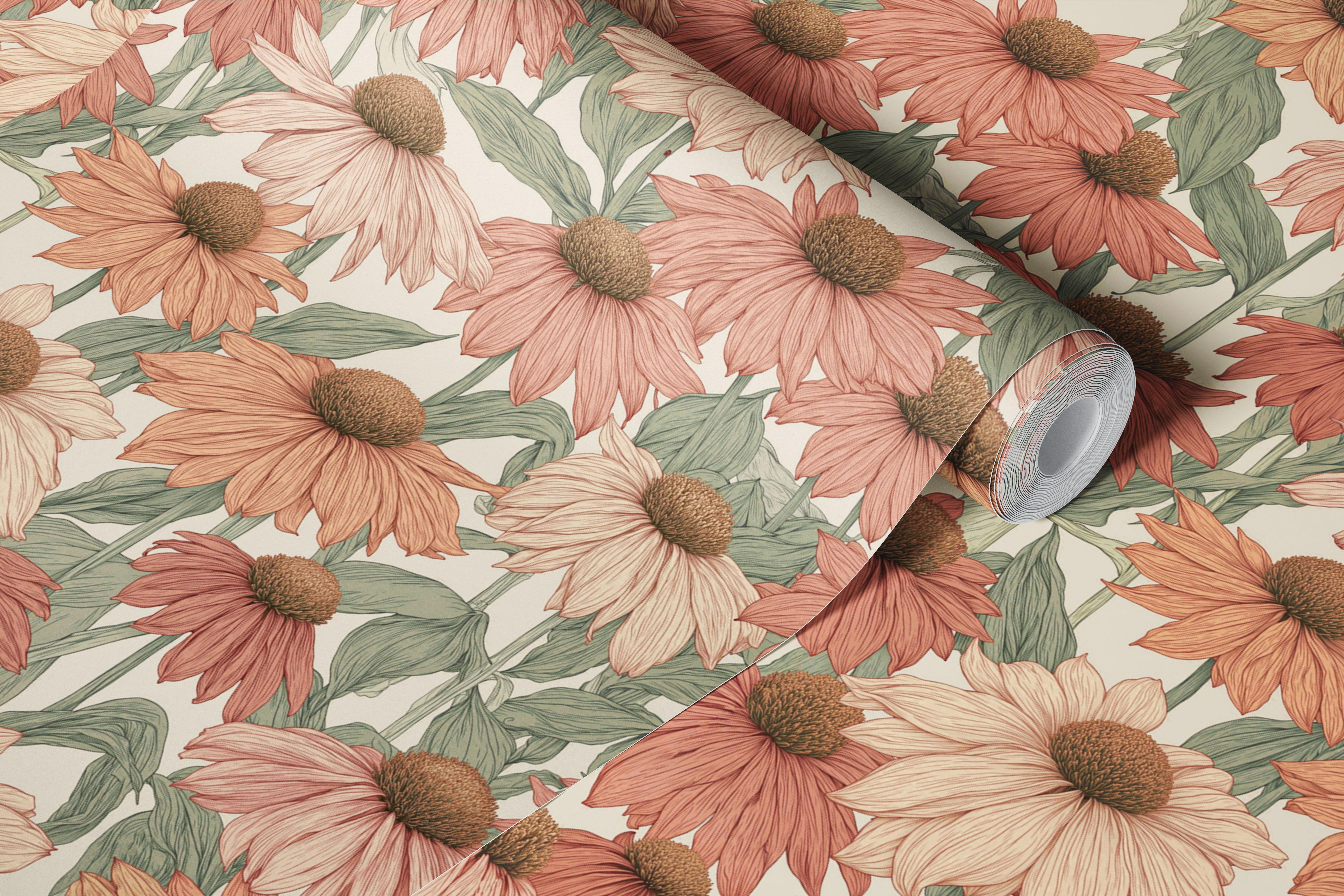 Botanical coneflower meadow wallpaper in a room