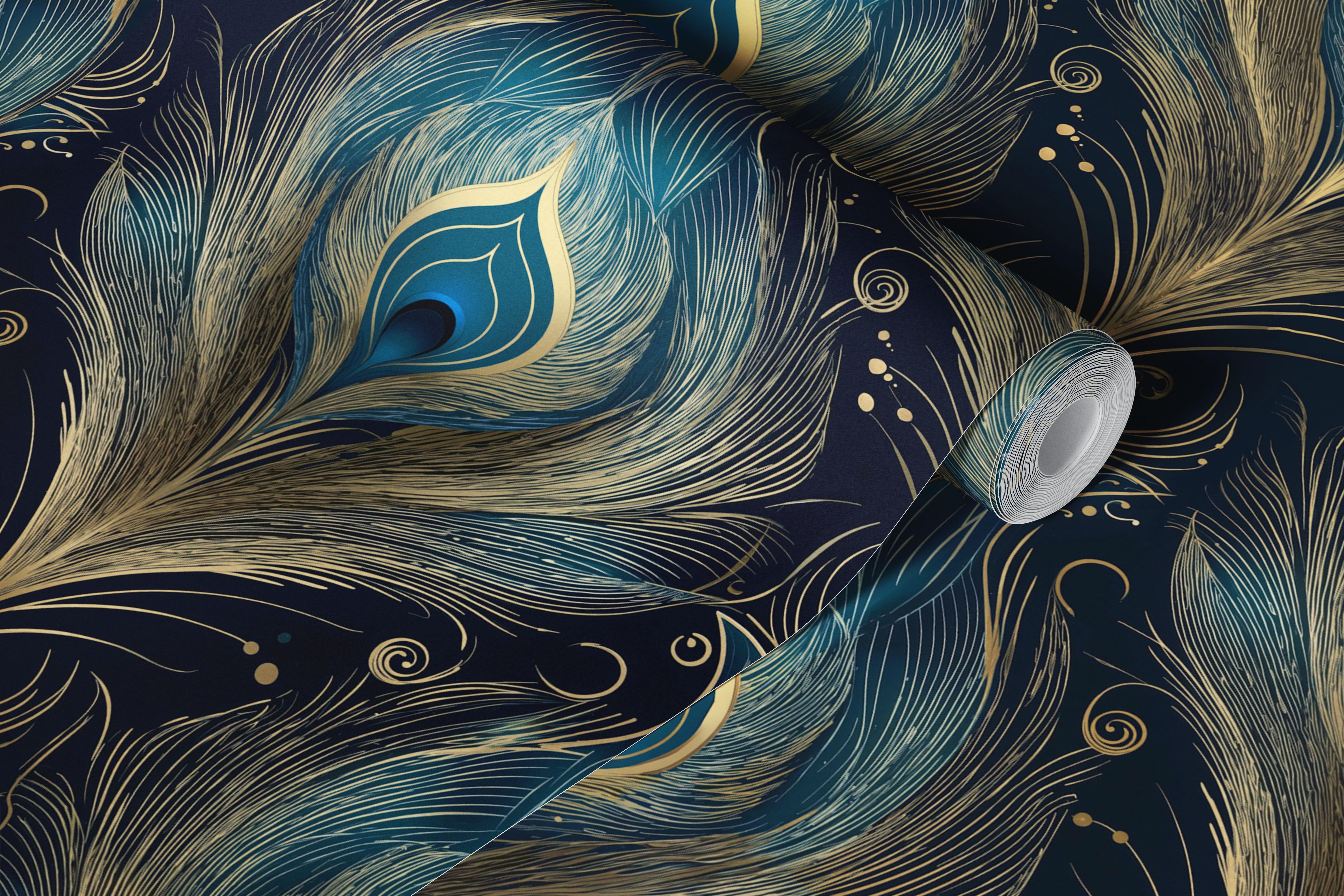 Teal gold peacock feathers tapet într-o cameră