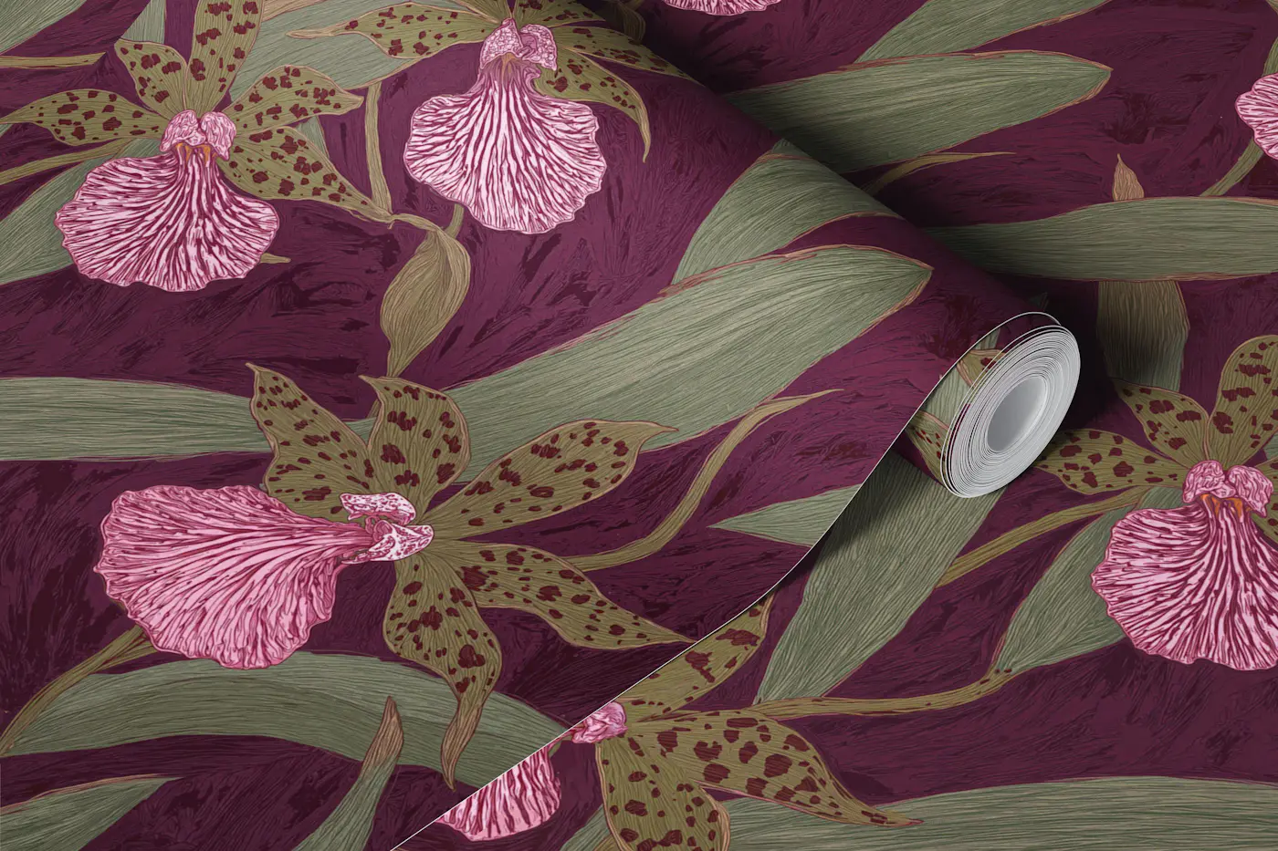 Burgundy Orchid Jungle wallpaper roll