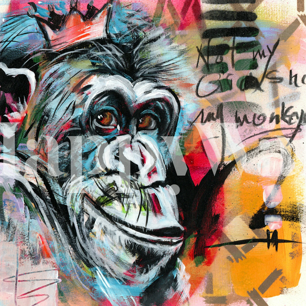 Colorful street art monkey wallpaper in a room