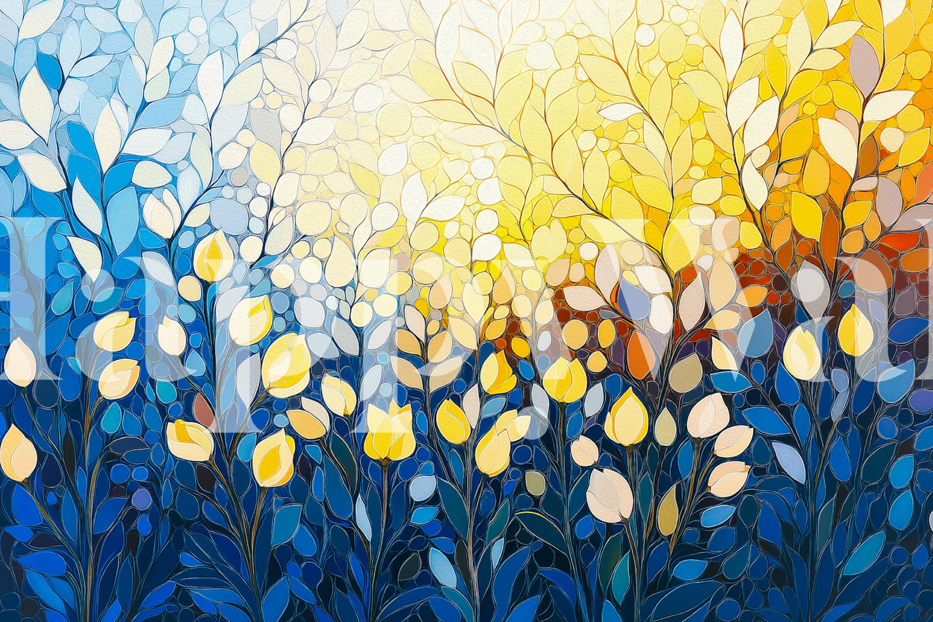 Blue to Gold Botanical Glow wallpaper in a room