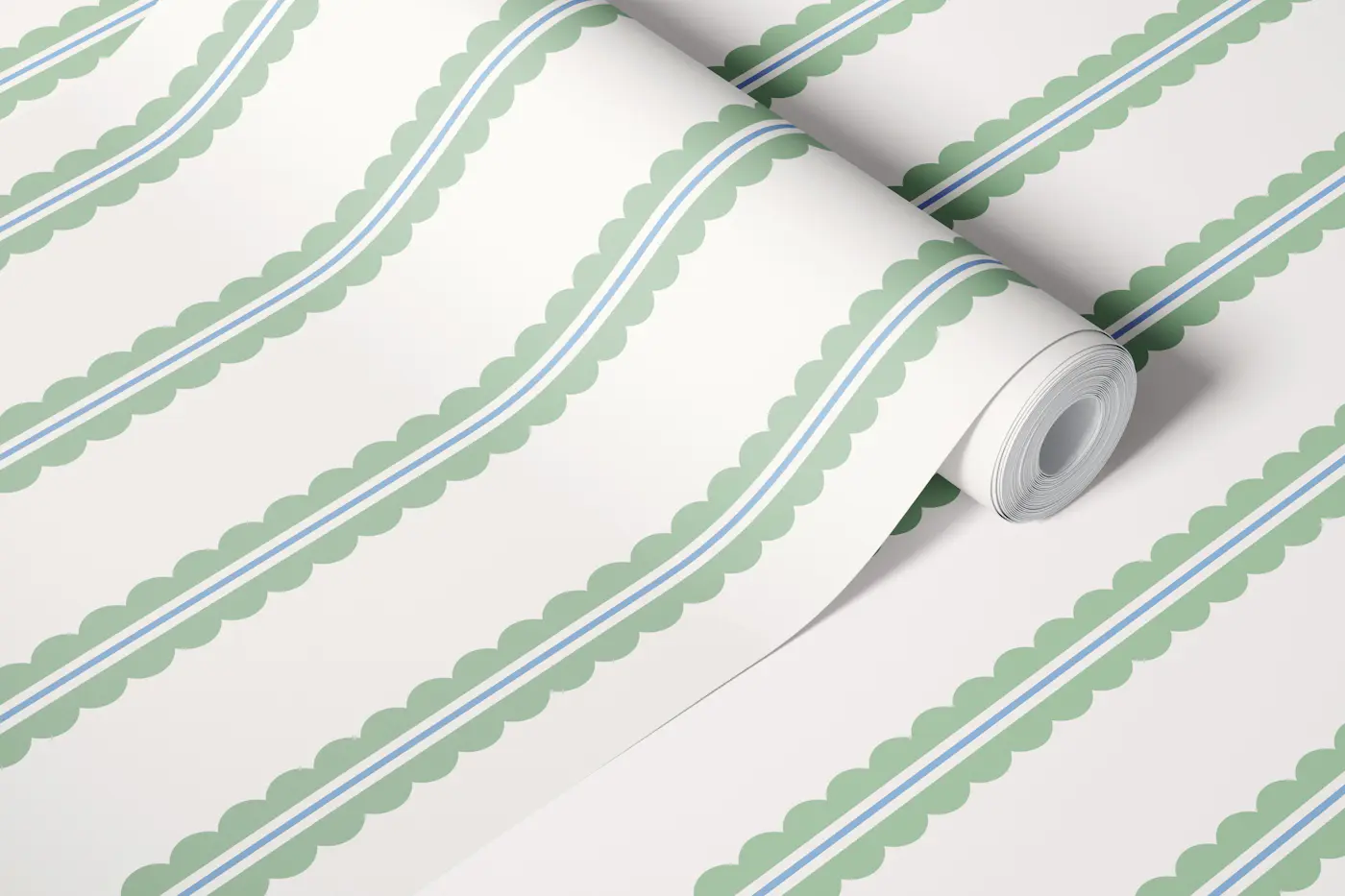 Scalloped panel stripes - green and blue wallpaper roll