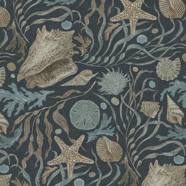Hand Drawn Kelp and Seashells Mural Navy