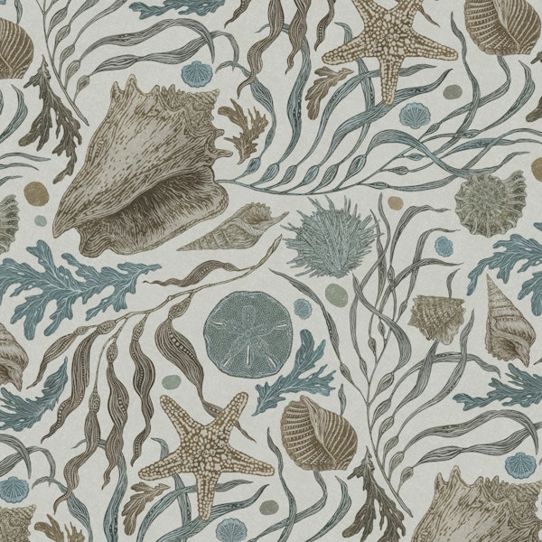 Hand Drawn Kelp and Seashells Mural Warm Gray