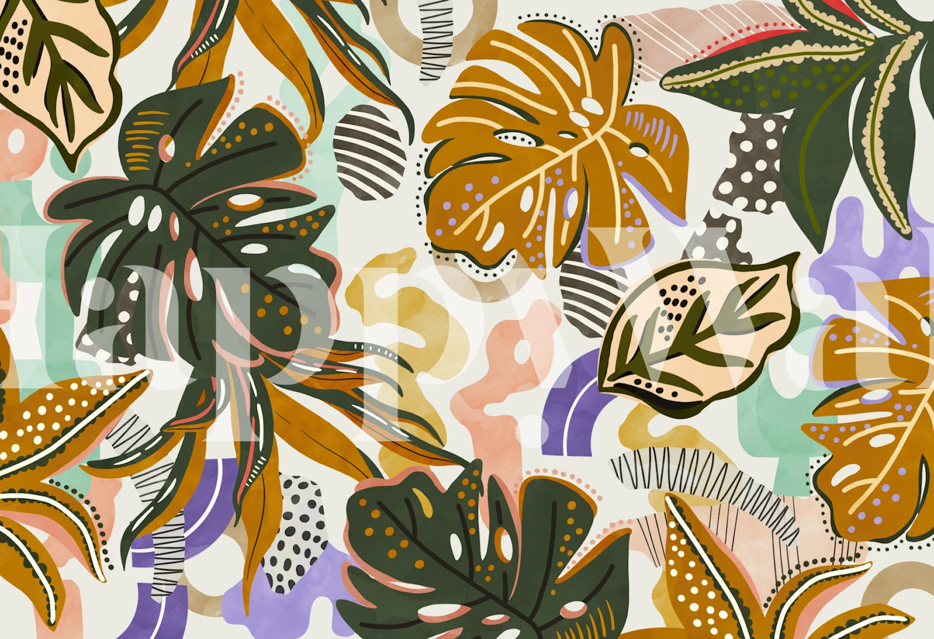 Bold botanical leaves pop art wallpaper in a room