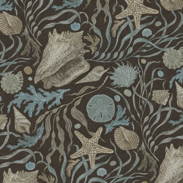 Hand Drawn Kelp and Seashells Mural Brown