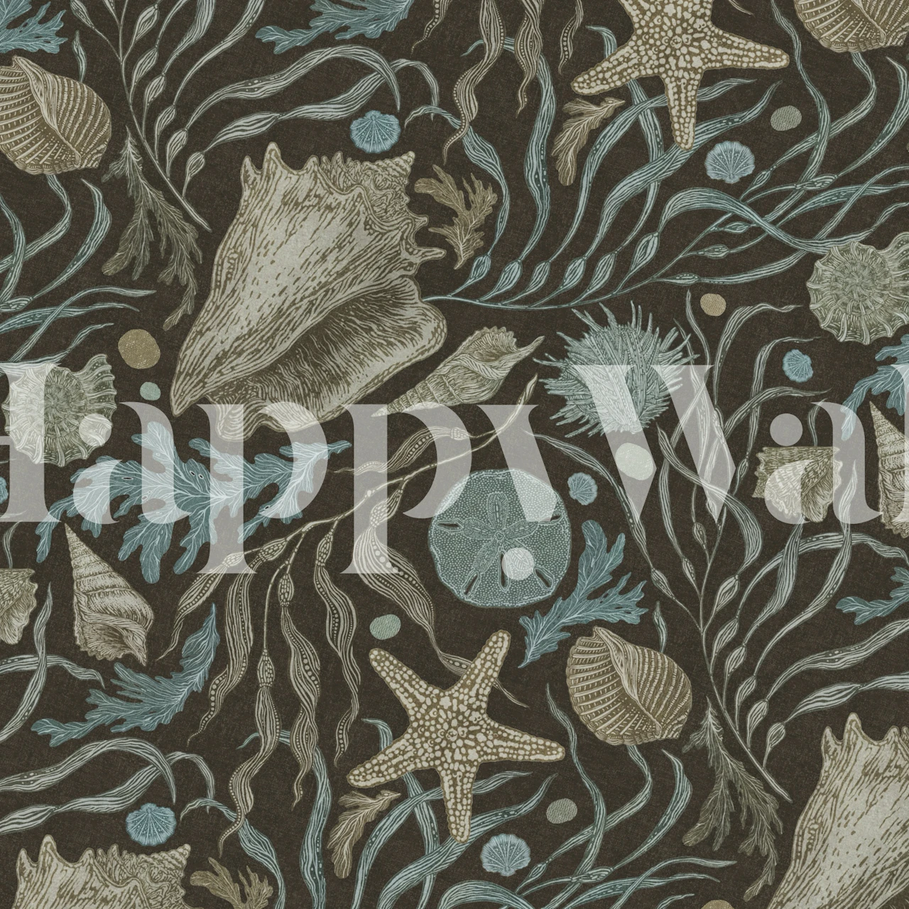 Hand drawn kelp and seashells wallpaper design