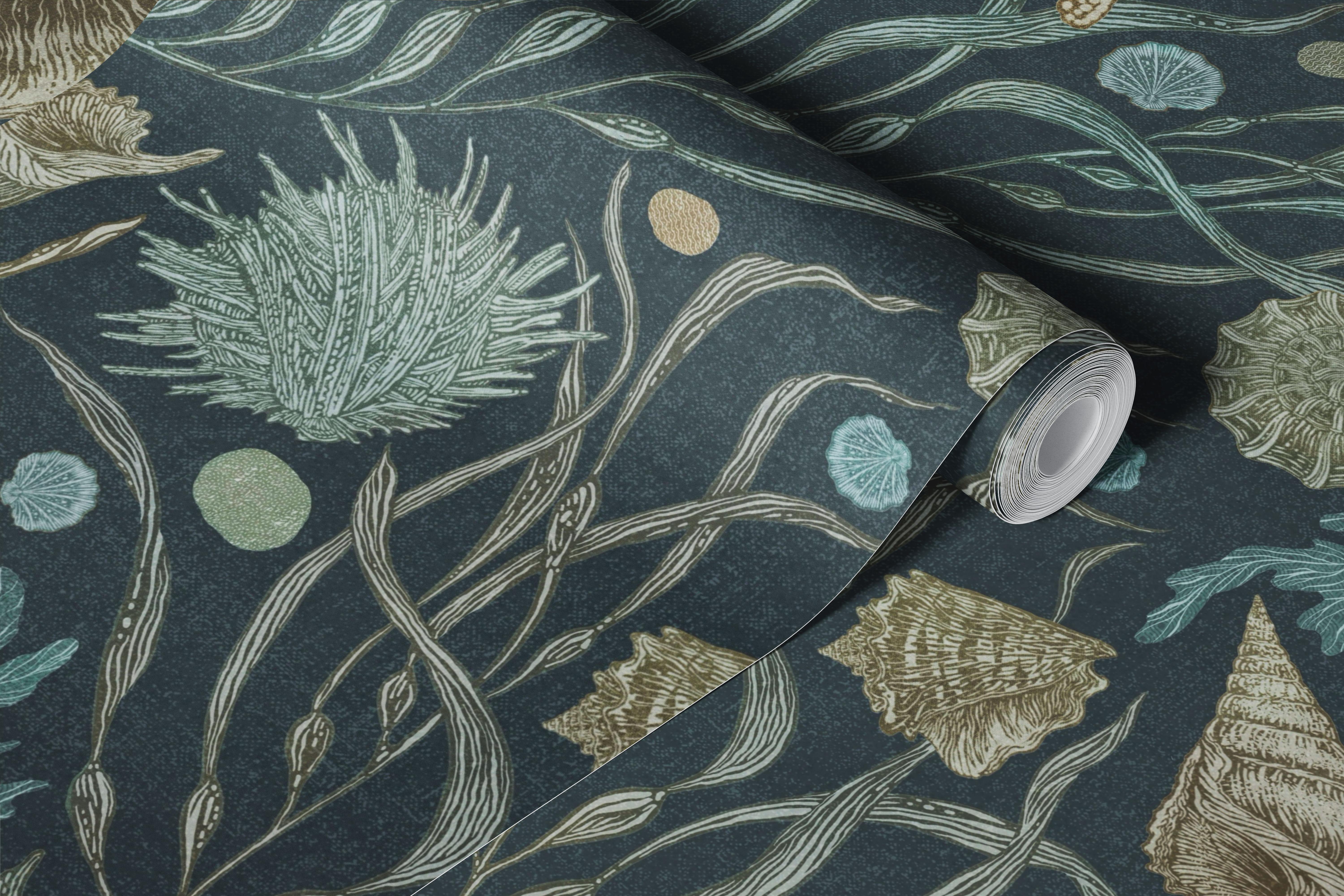 Hand Drawn Kelp and Seashells Navy wallpaper