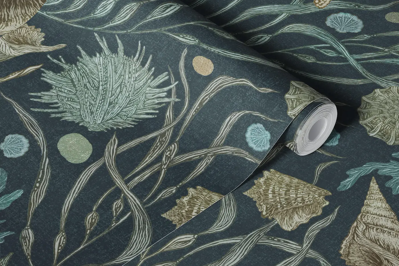Hand Drawn Kelp and Seashells Navy wallpaper roll