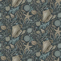 Hand Drawn Kelp and Seashells Navy wallpaper
