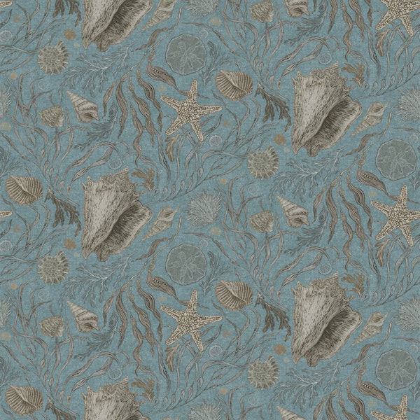 Hand Drawn Kelp and Seashells Denim Blue