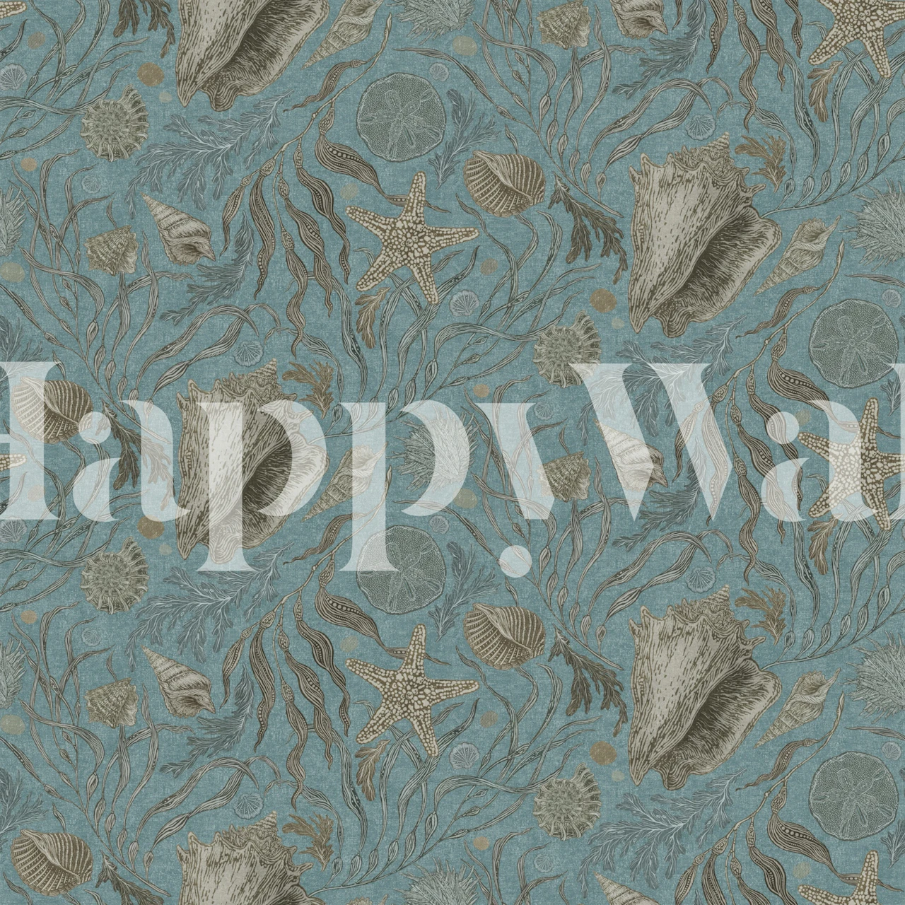 Hand drawn kelp and seashells wallpaper in a room