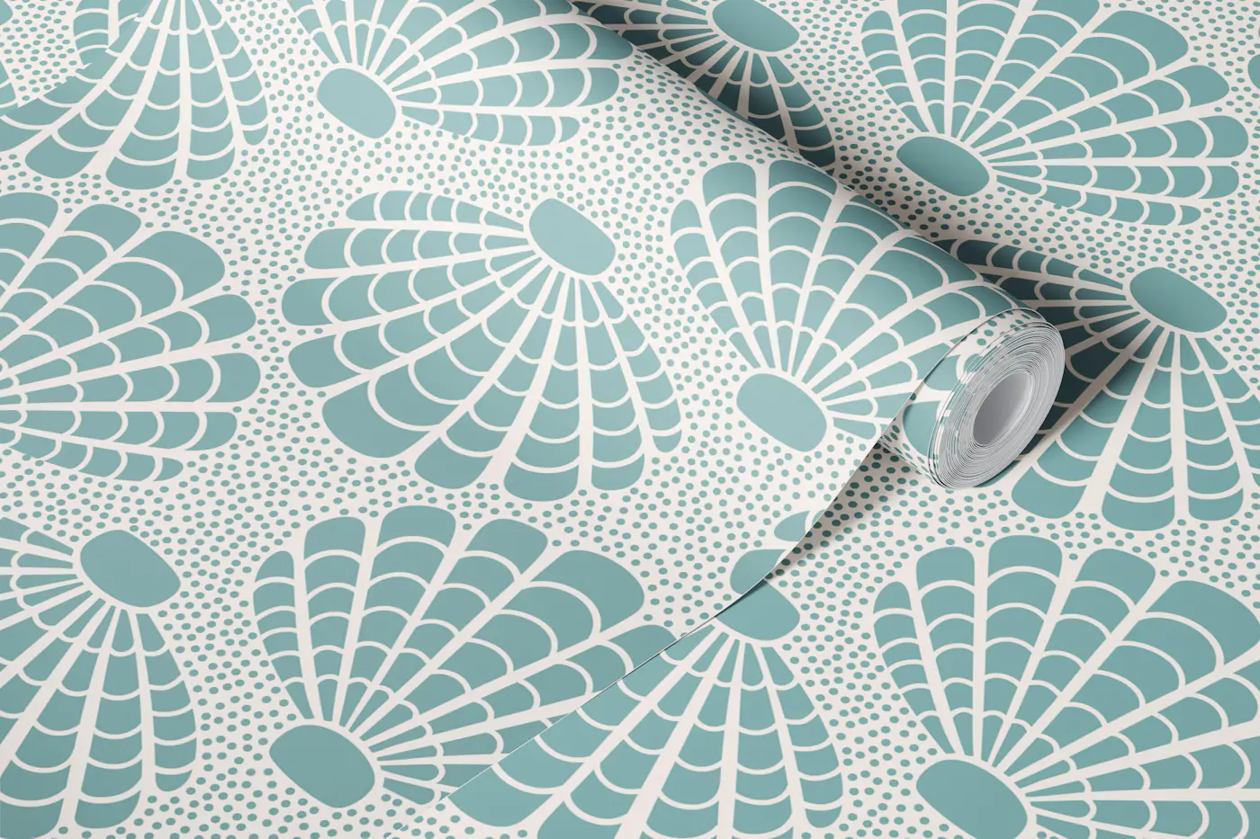 Silver teal seashells on sand wallpaper roll