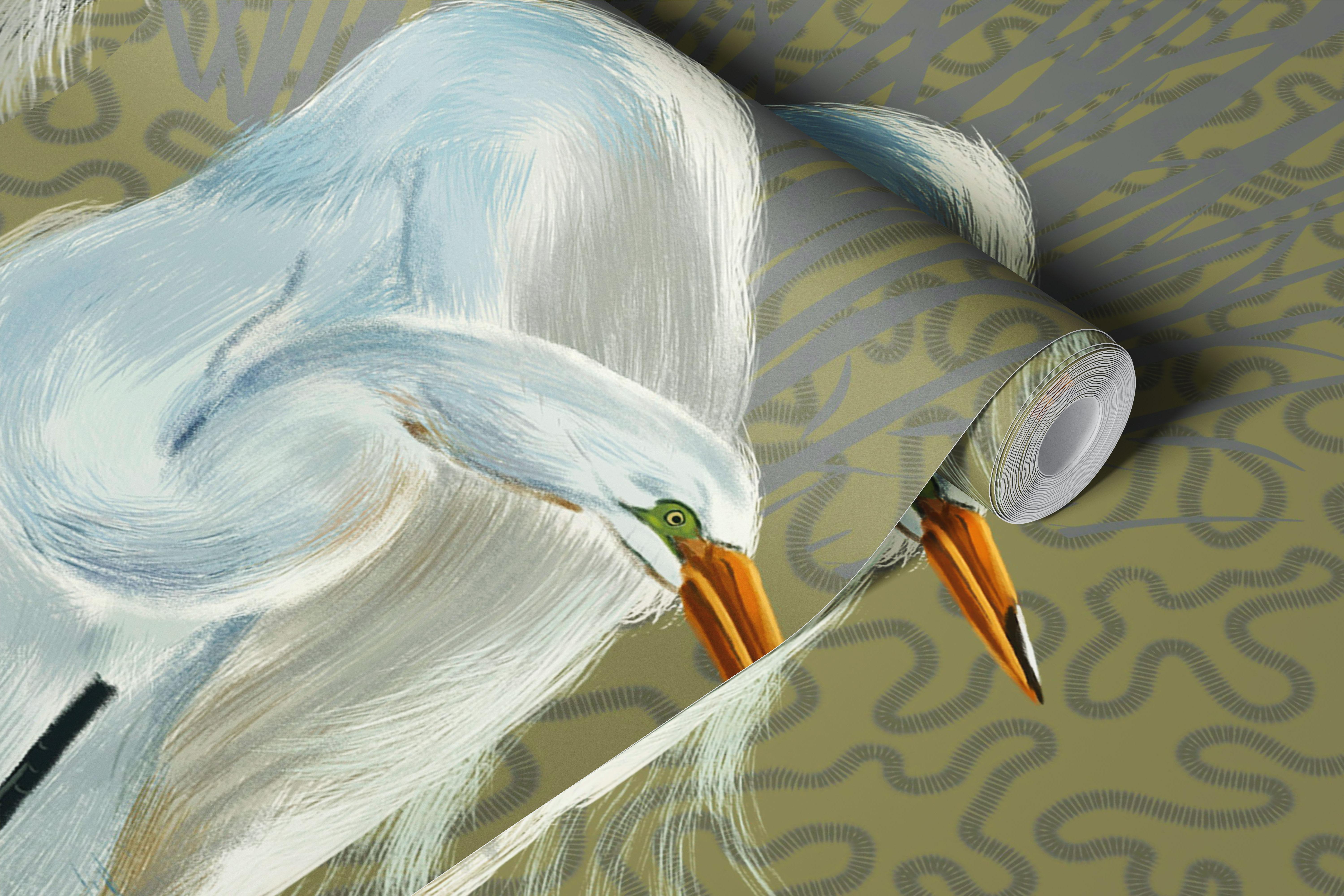 Lagoon Birds in Ochre wallpaper in a room