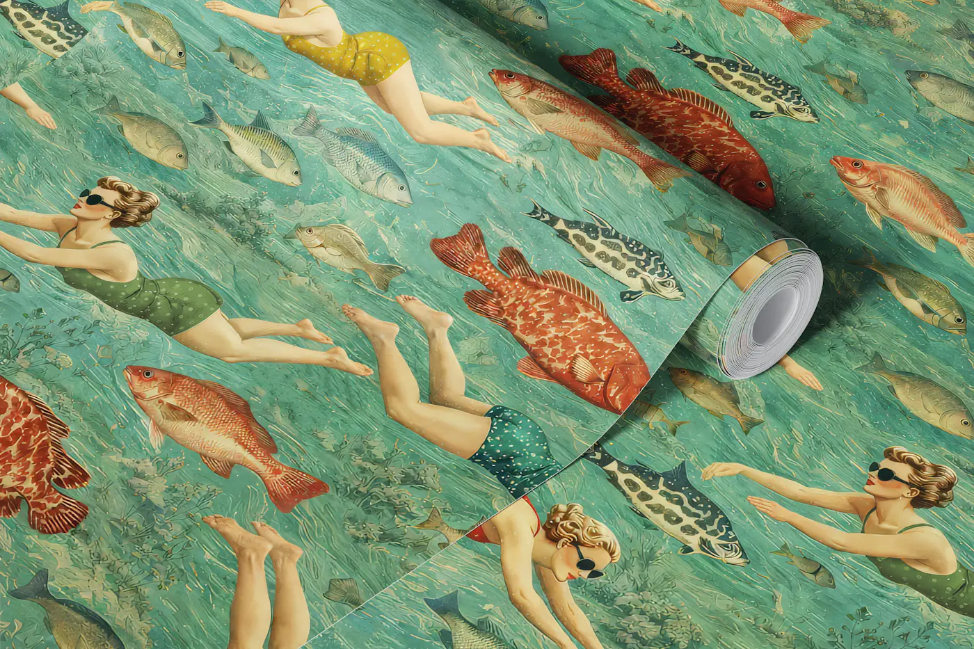 Vintage Underwater Swimmer - Pattern Version wallpaper roll