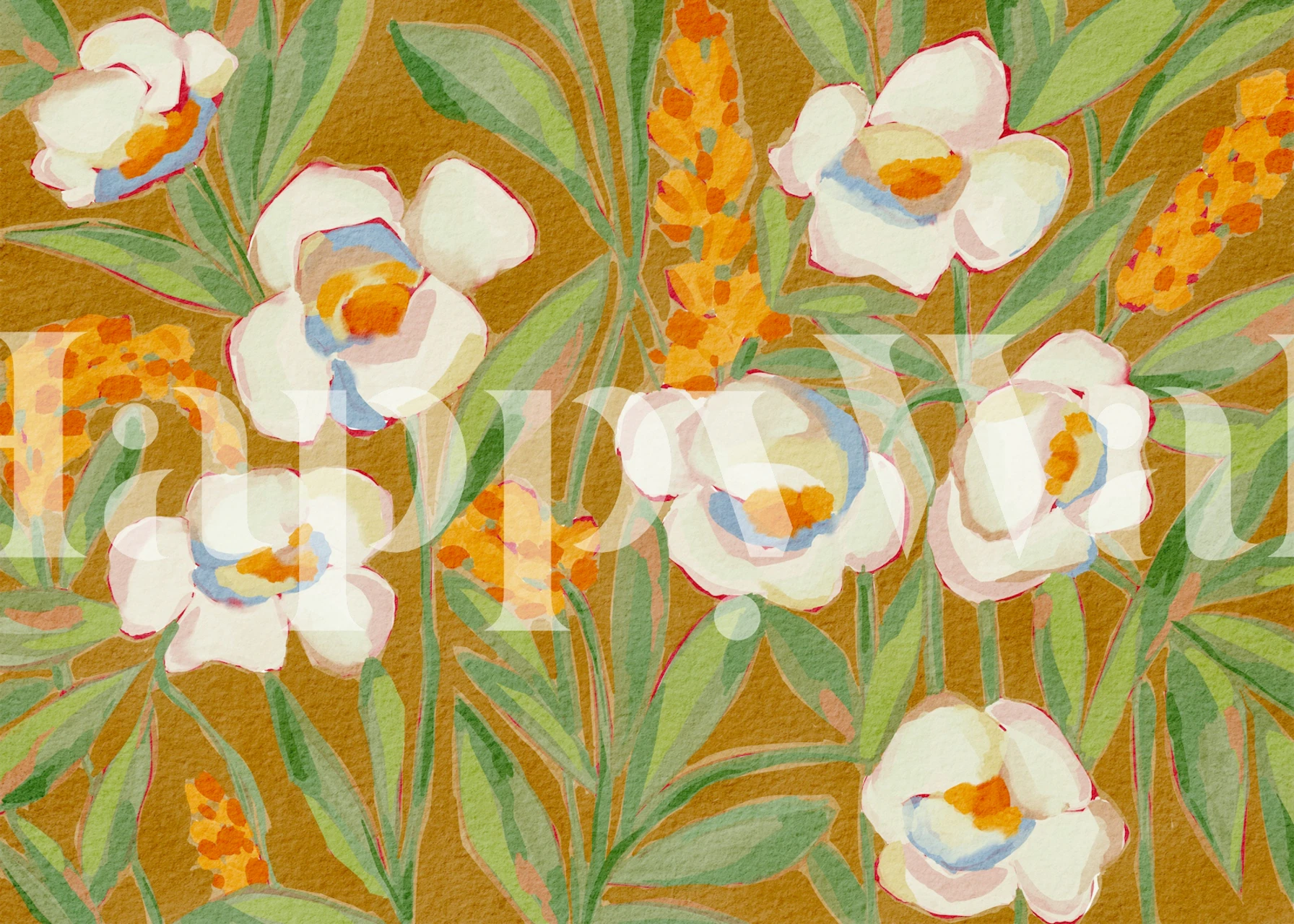 White Peony on Ochre wallpaper in a room