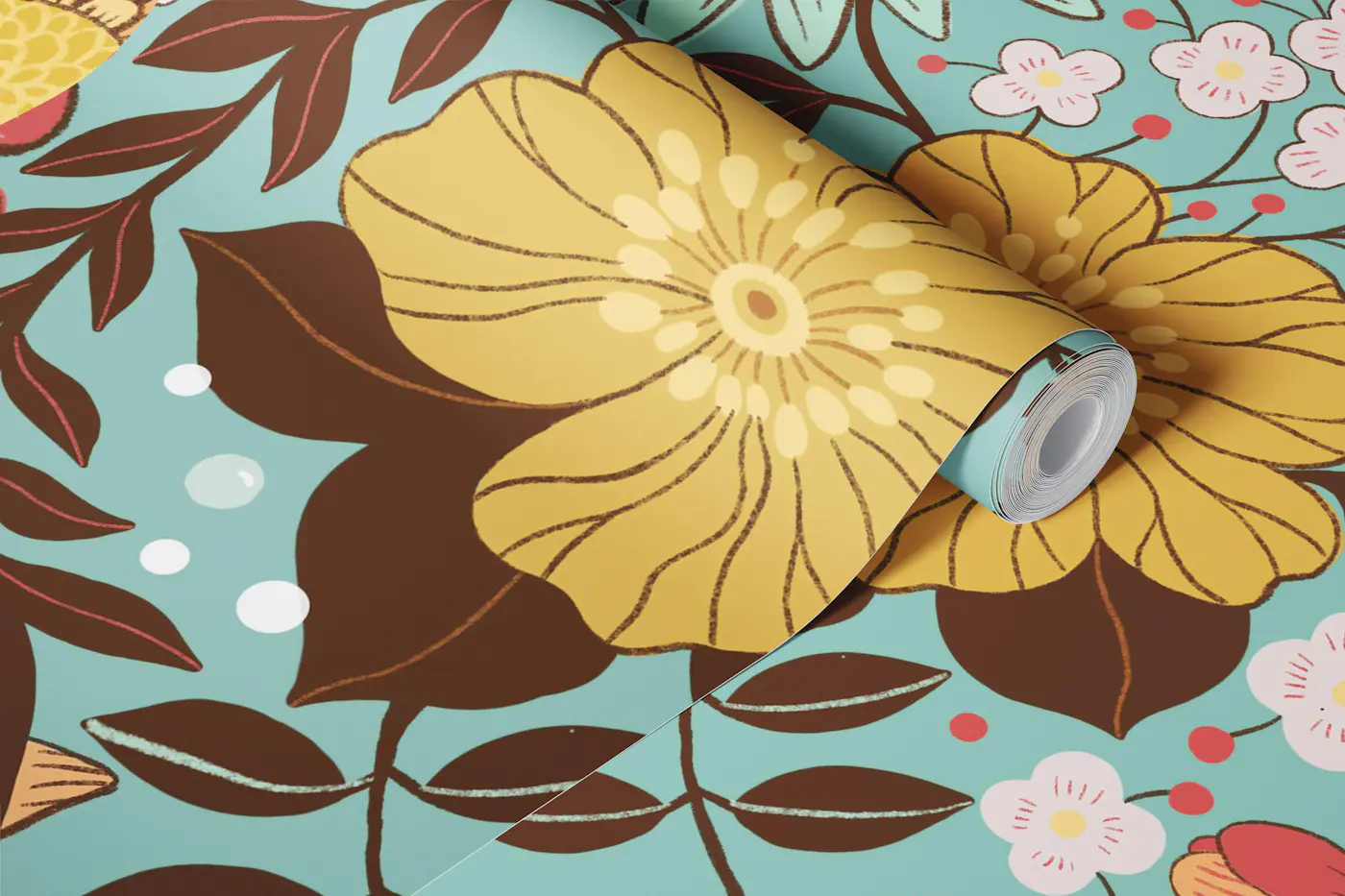 Retro Floral Meadow Teal wallpaper roll