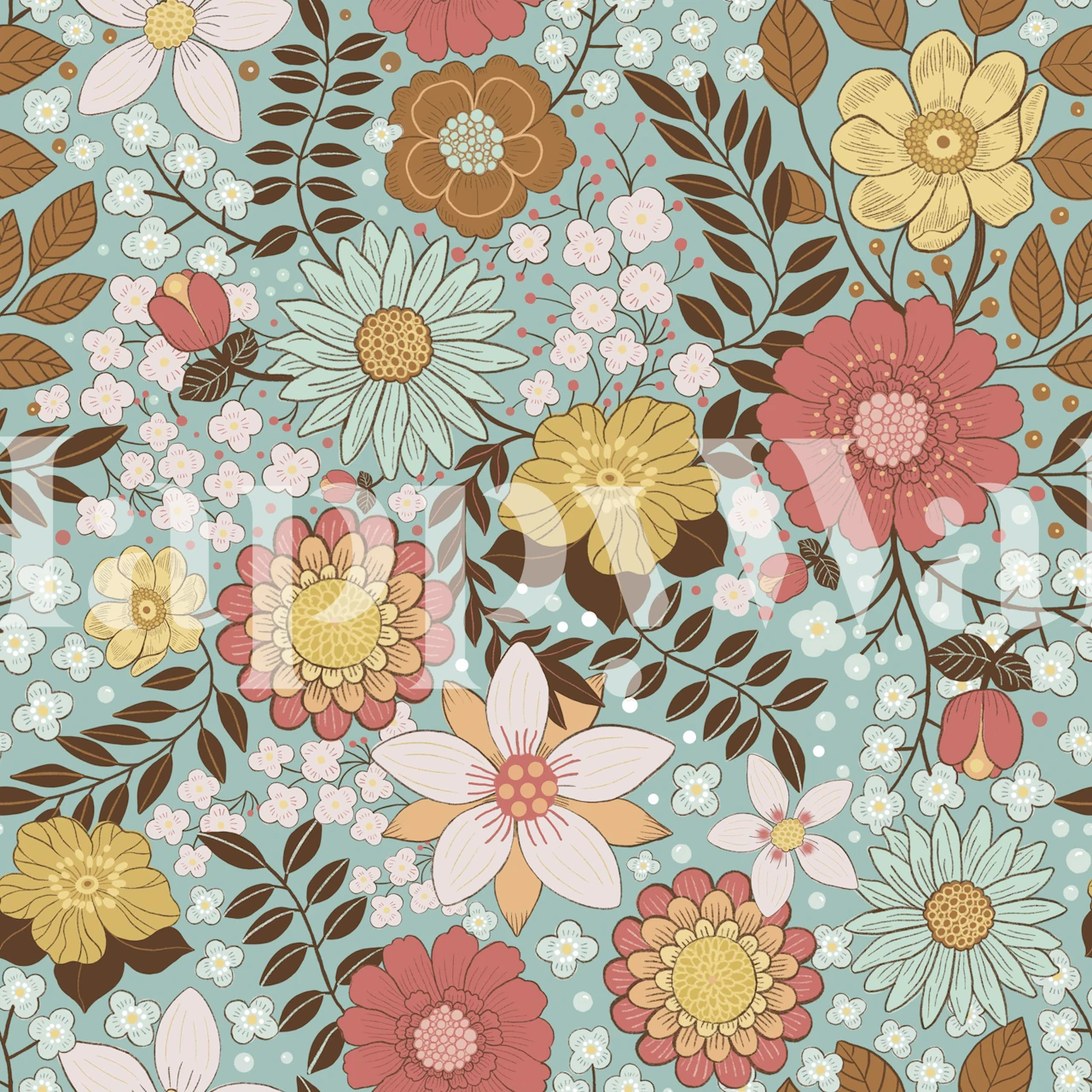 Retro Floral Meadow Teal tapet i et rum