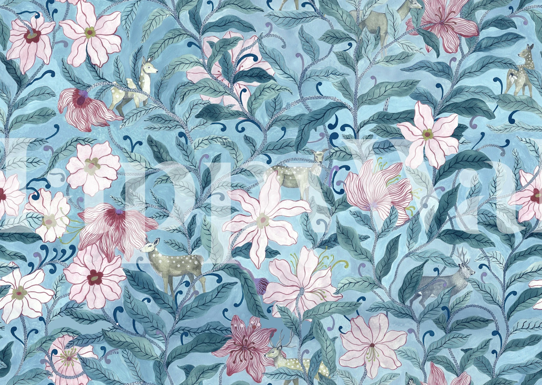 Blue Botanical Deer Garden wallpaper
