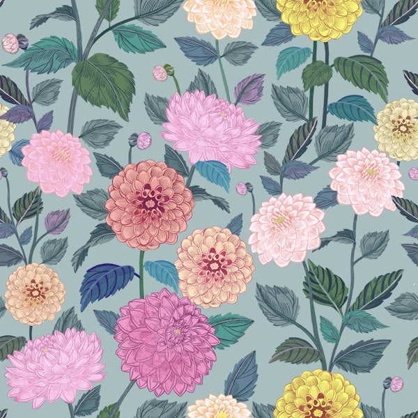 Pastel Dahlias on Teal