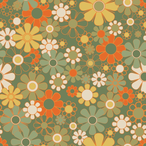 Large Scale 70s Floral Pattern in Mossy Olive