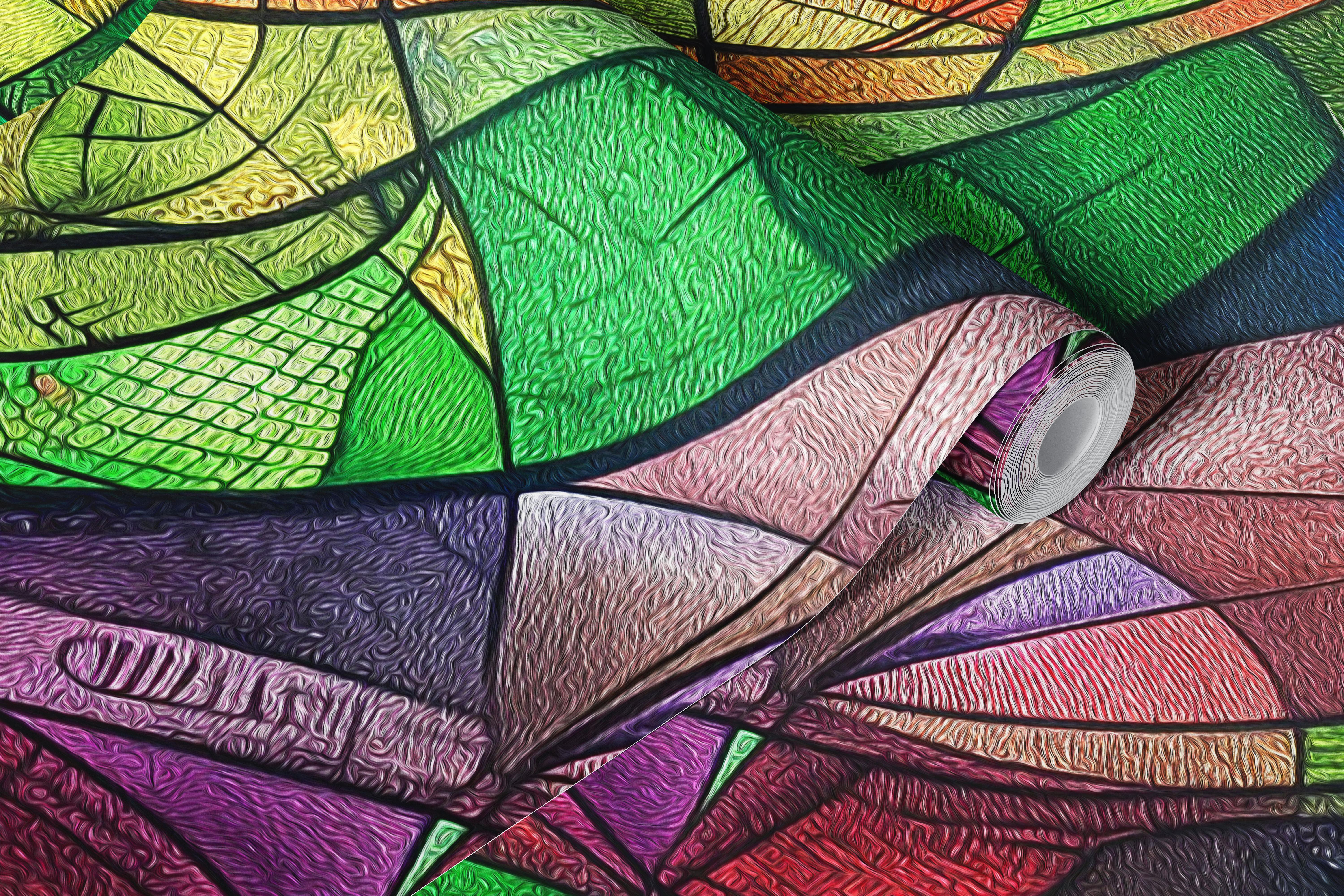 Spalvingas abstraktus susipynusių kreivių tapetas kambaryje