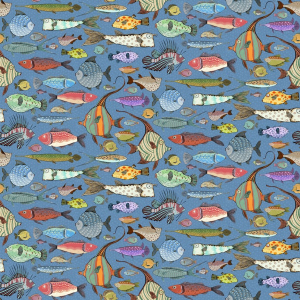 Hand Drawn Whimsical Fish Doodles Blue Small