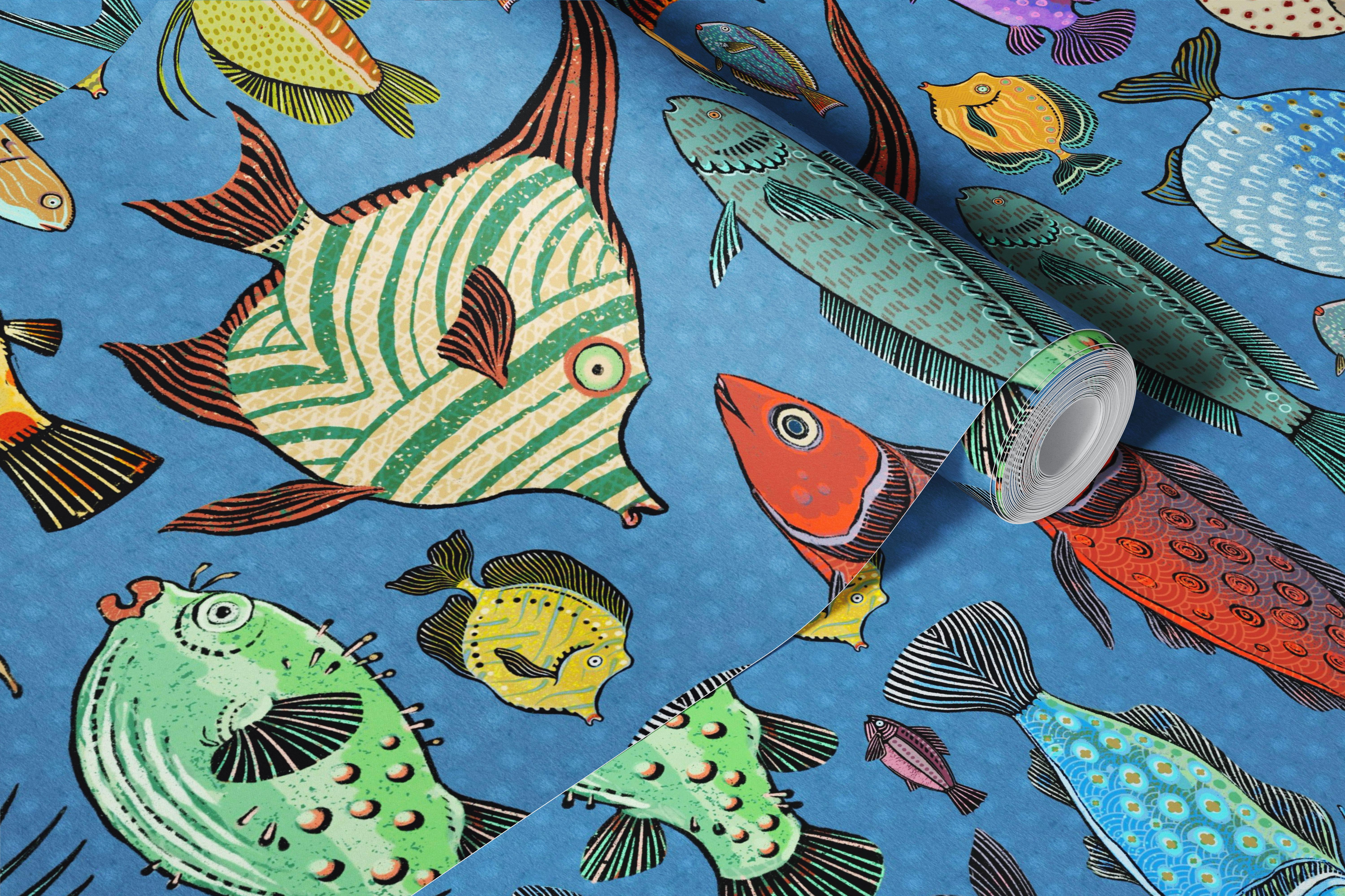 Wallpaper with whimsical fish doodles in a room