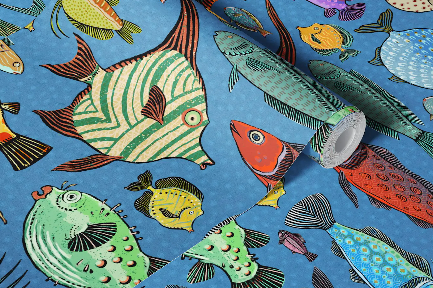 Hand Drawn Whimsical Fish Doodles Blue wallpaper roll