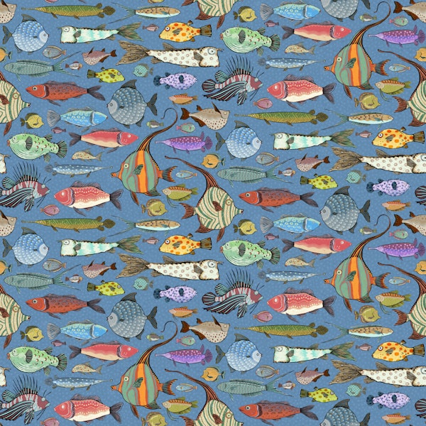 Hand Drawn Whimsical Fish Doodles Blue