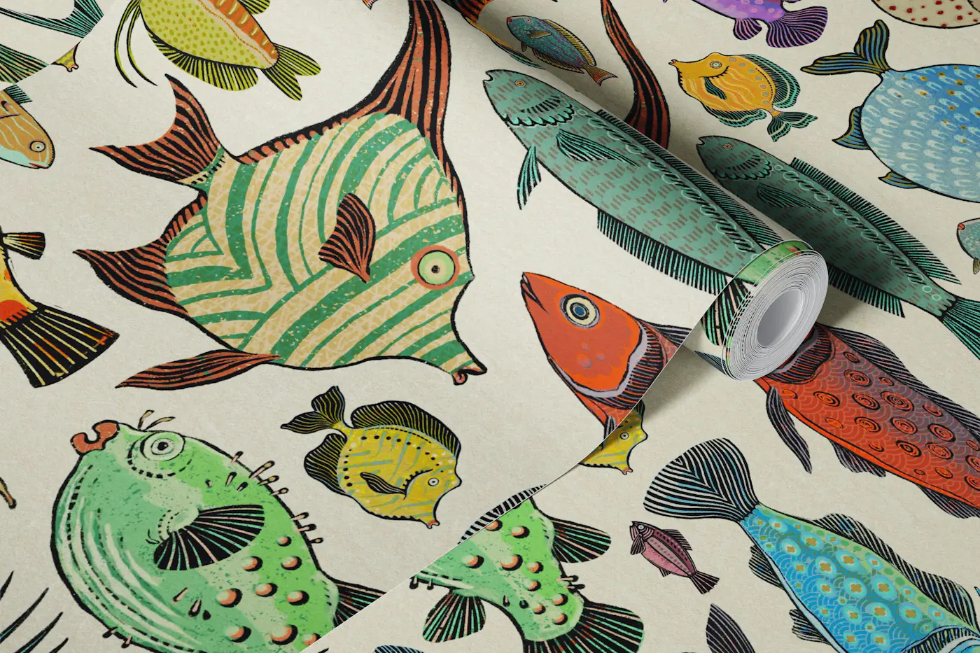 Hand Drawn Whimsical Fish Doodles Cream wallpaper roll
