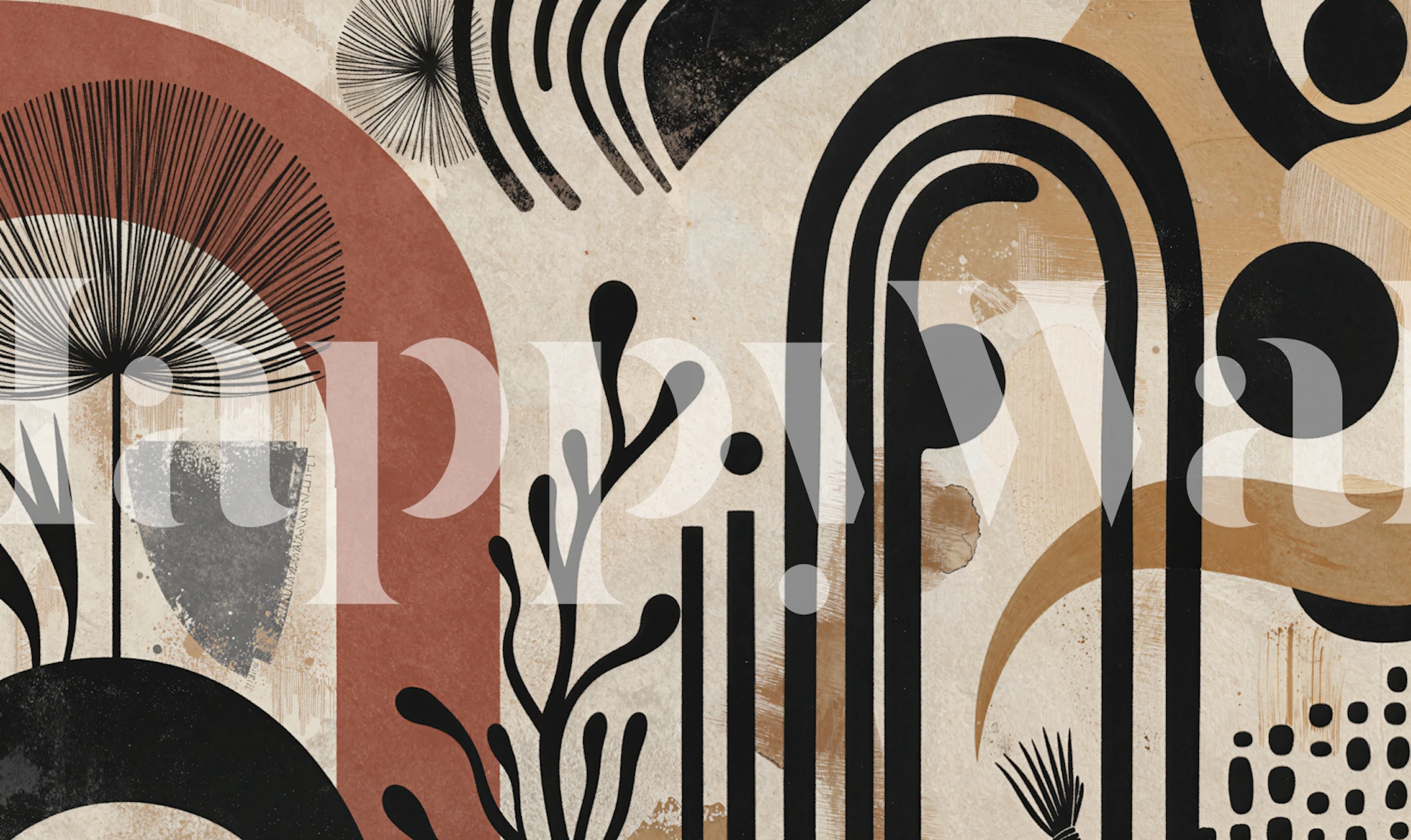 Boho geometric botanical mural visas i ett rum