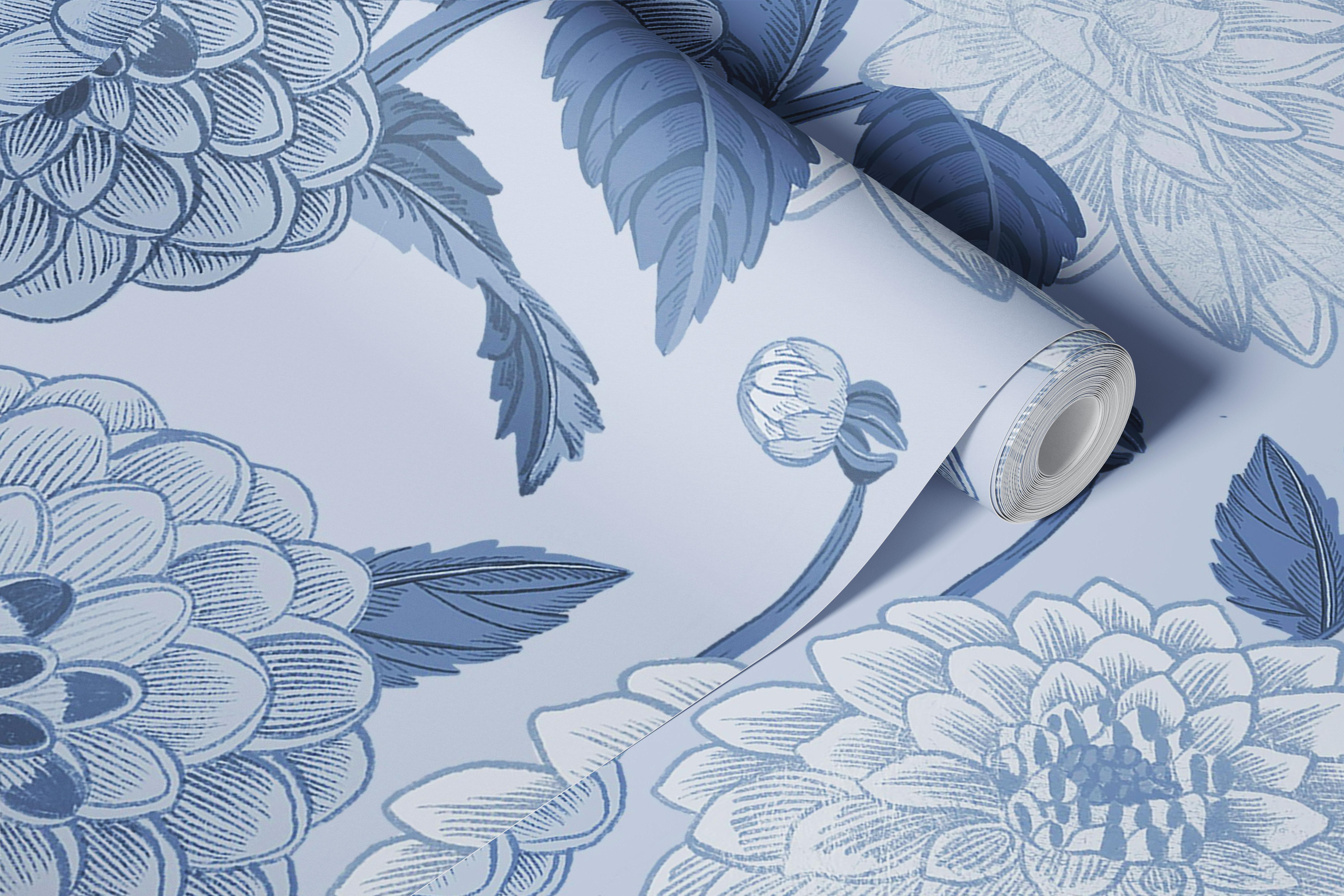 Dusty Blue Dahlia wallpaper displayed in a room