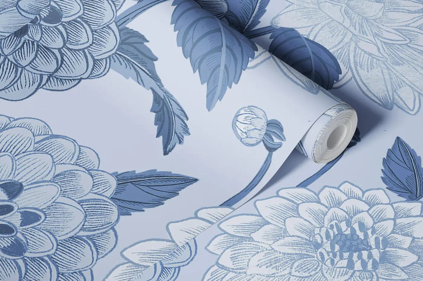 Dusty blue Dahlia wallpaper roll