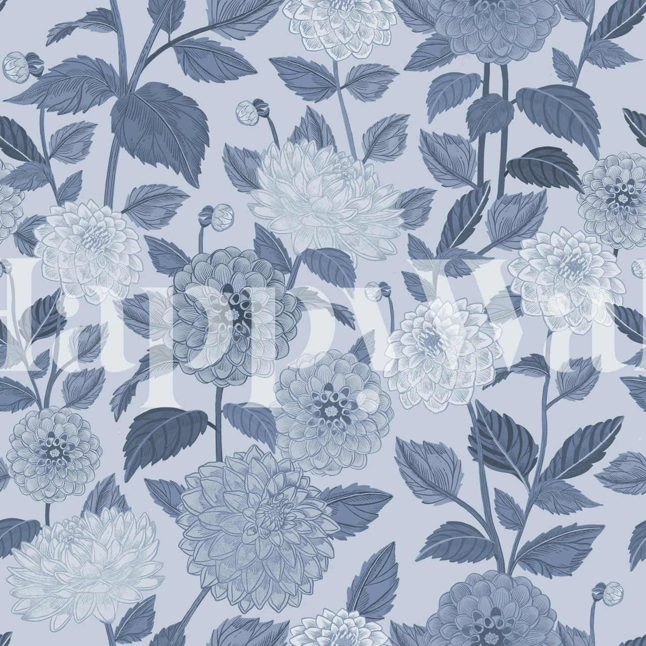 Dusty Blue Dahlia wallpaper displayed in a room