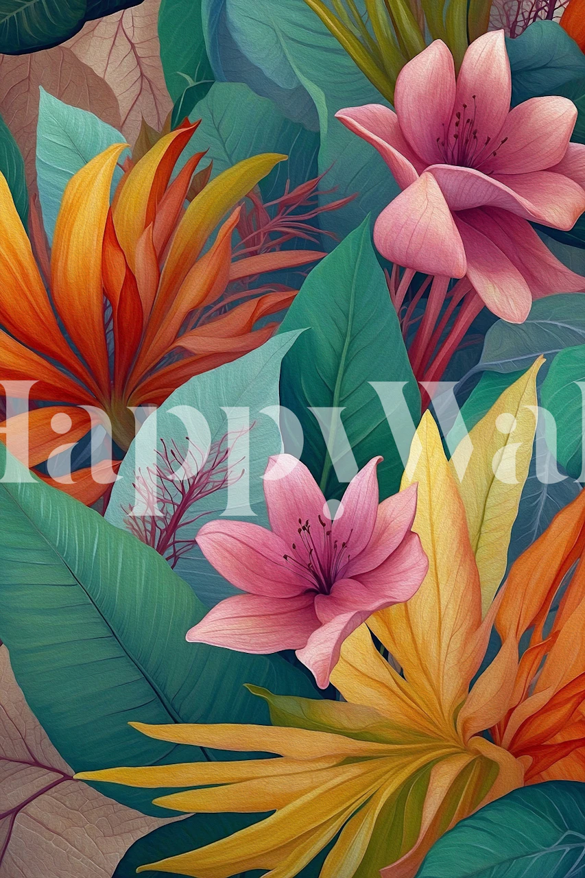 Exotic Flowers and Leaves behang