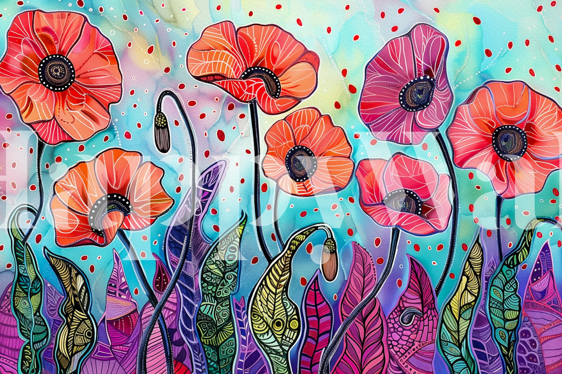 Whimsical Poppy Flowers behang in een kamer