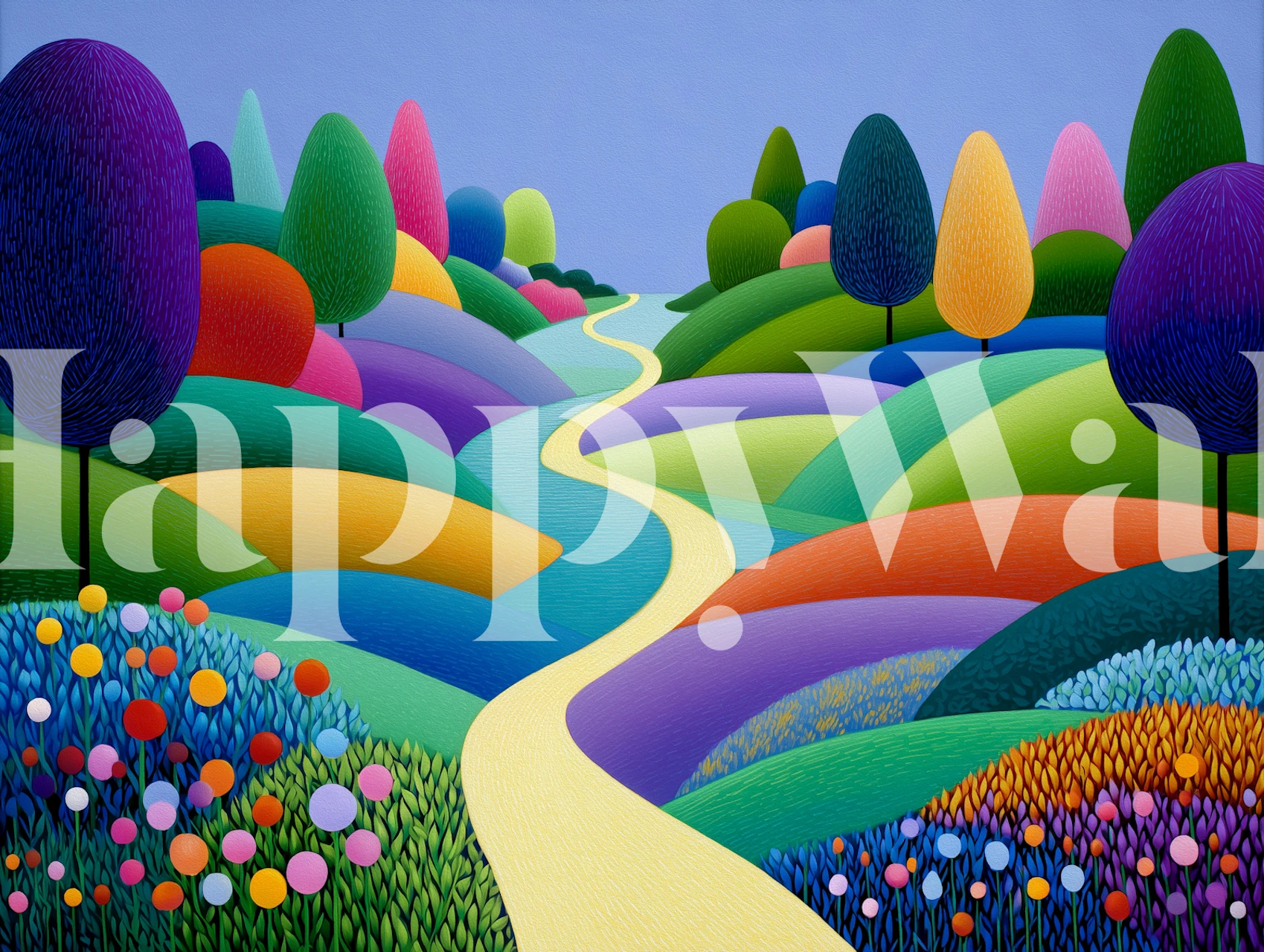 Playful rainbow landscape wallpaper in a room