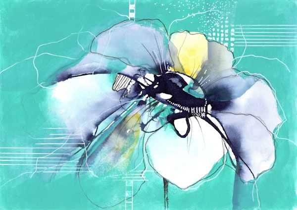 Modern Ink Flower on Turquoise