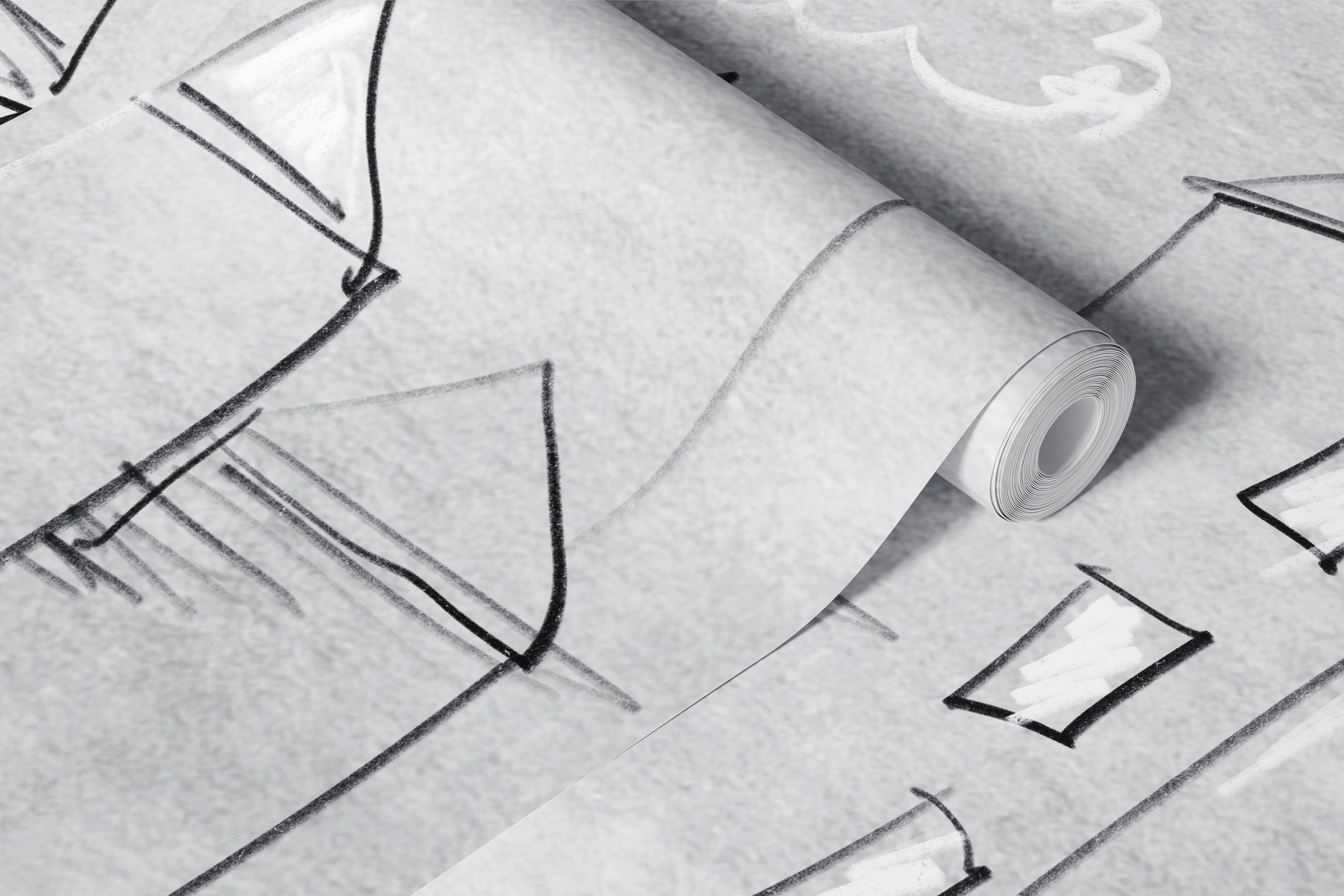 Whimsical city skyline sketch wallpaper in a room