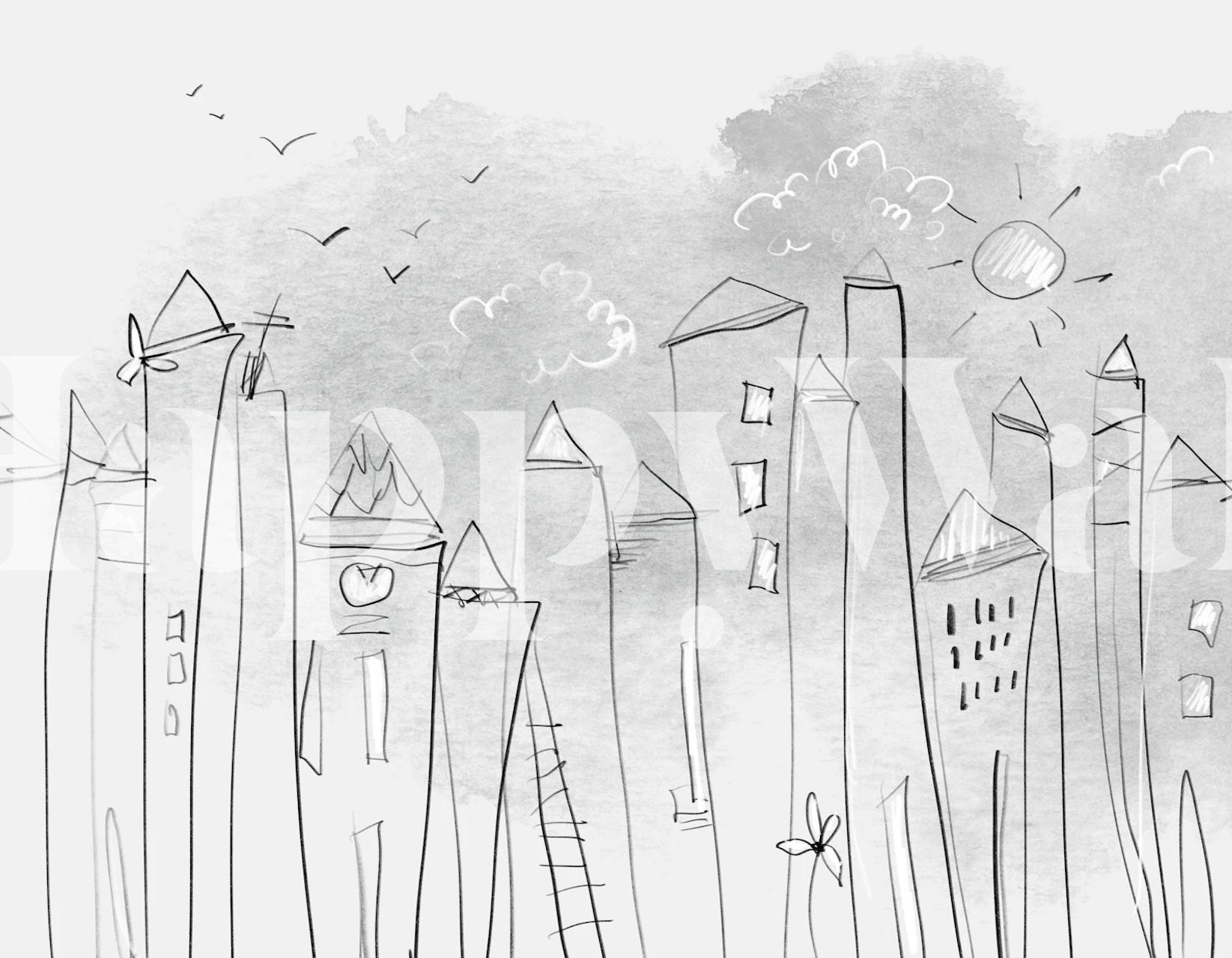 Whimsical city skyline sketch wallpaper in a room