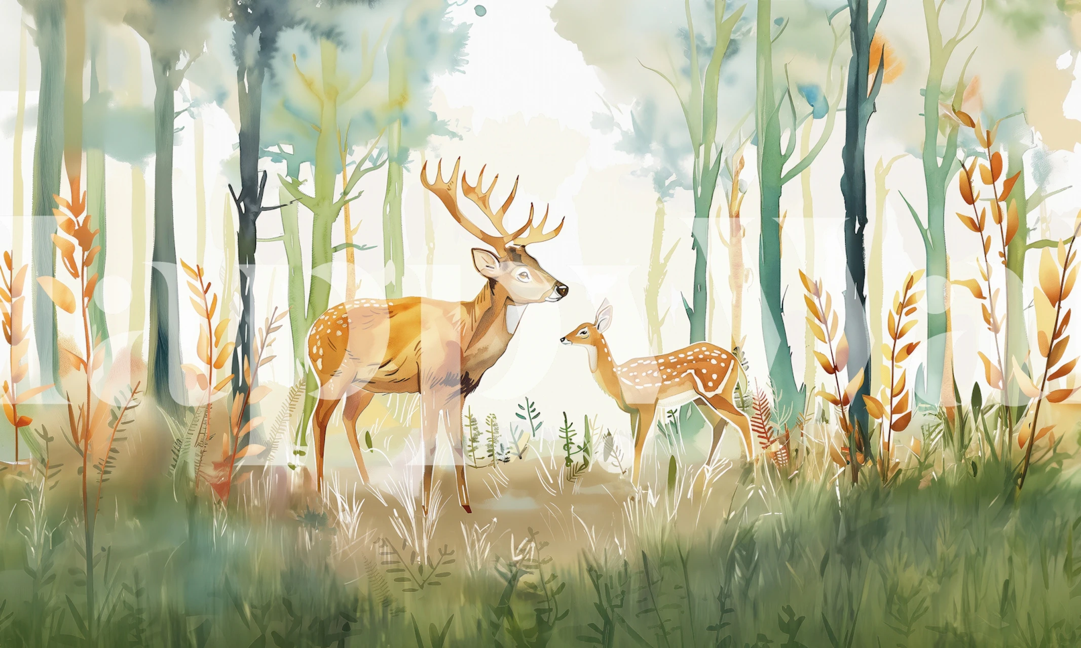 Hjortefamilie vægmaleri i et skovmiljø