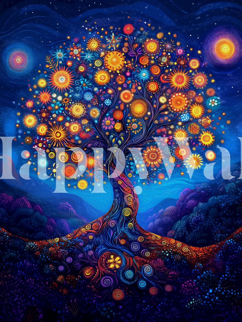 Glowing Cosmic Blossom Tree wallpaper in a room