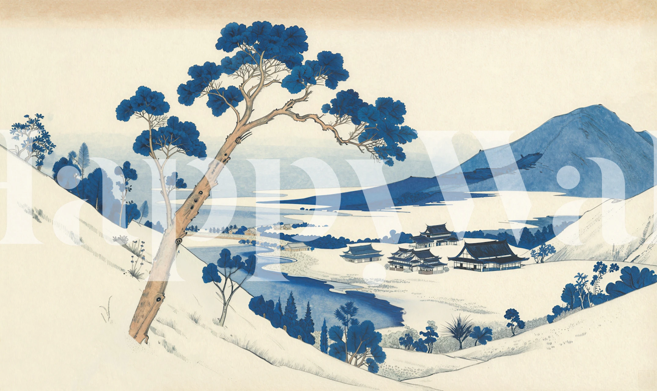 Oriental Blue Landscape Mural vist i et rum