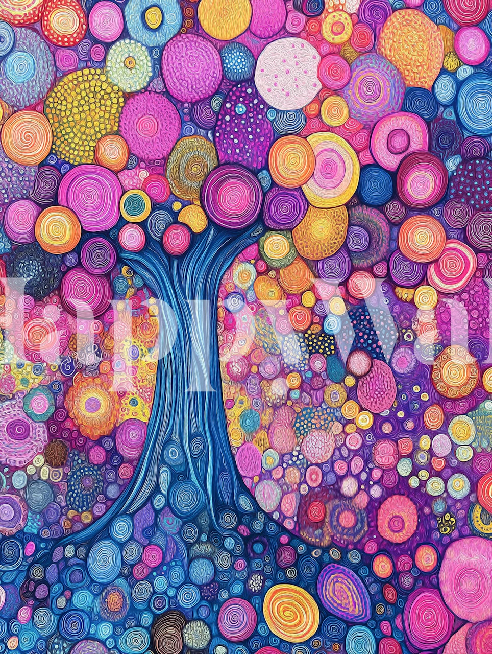 Vibrant spiral tree canopy wallpaper in a room