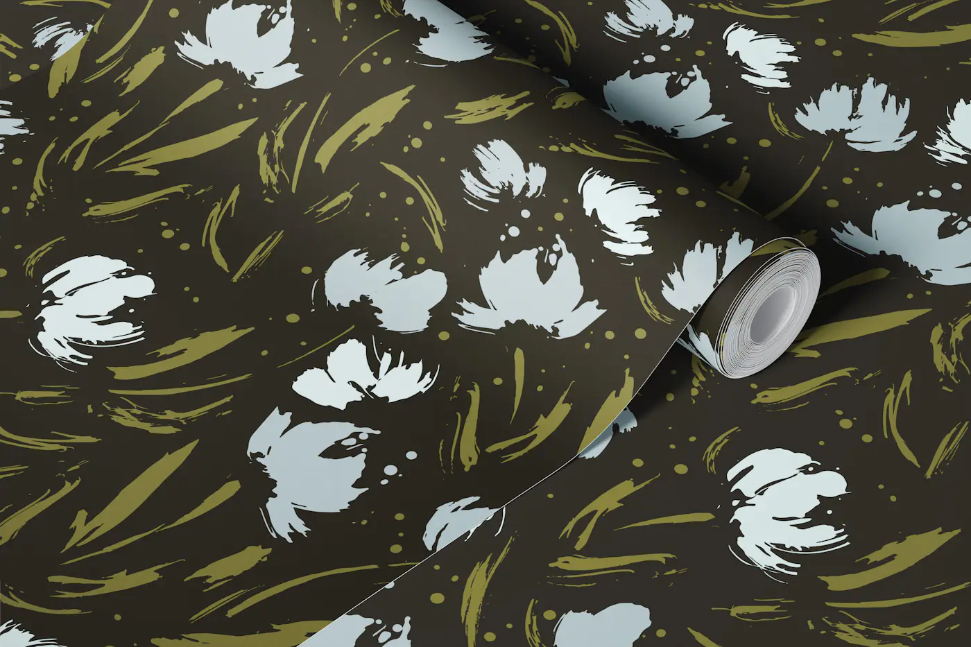 Sage and Black Abstract Brush Florals wallpaper roll