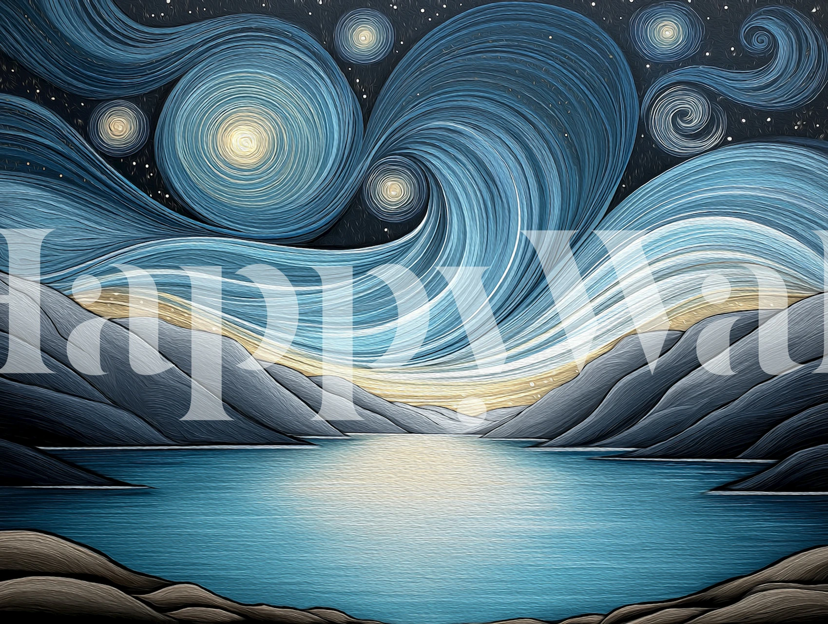 Starry Night Swirl Lake wallpaper in a room