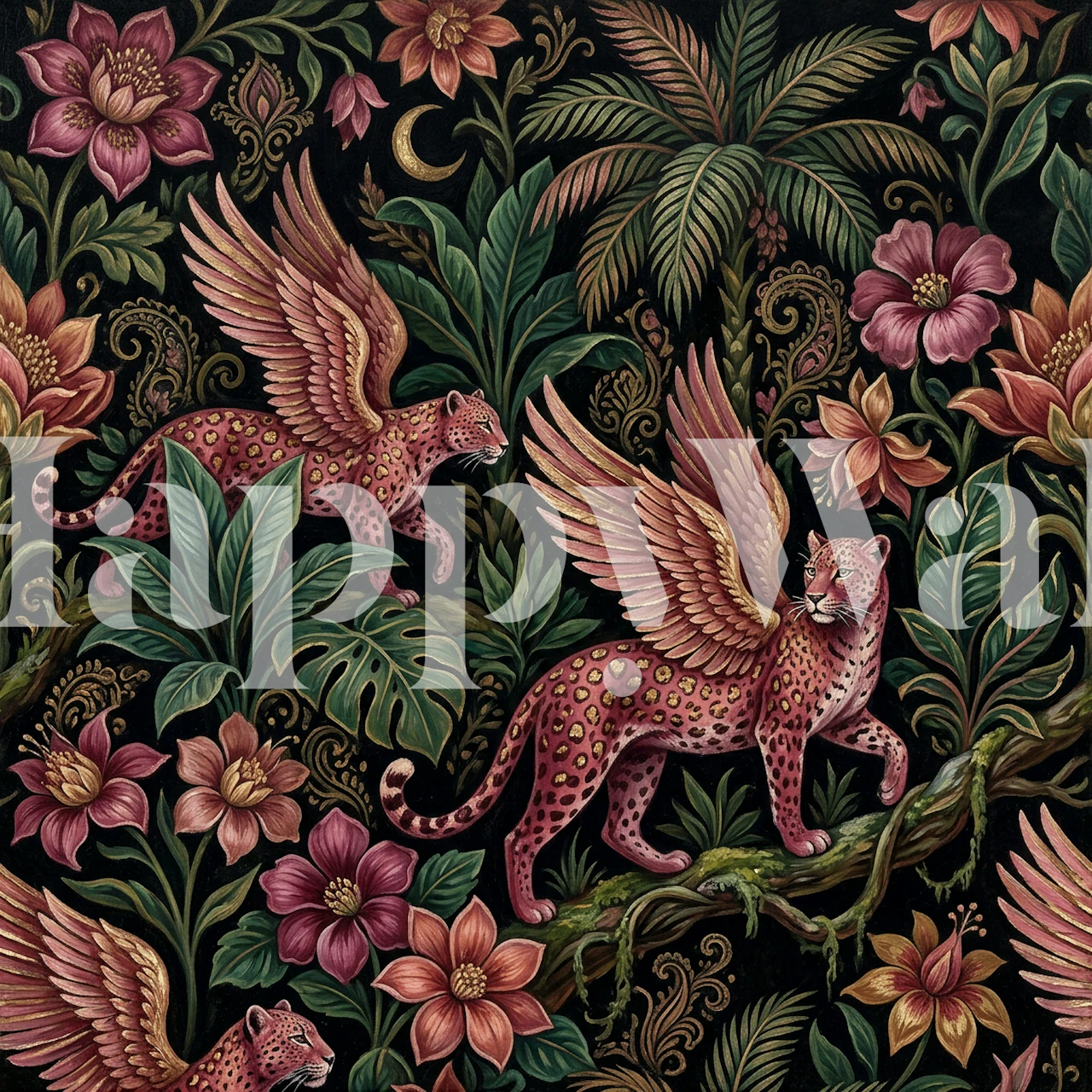 Mystical Pink Leopard Jungle Night tapetdesign