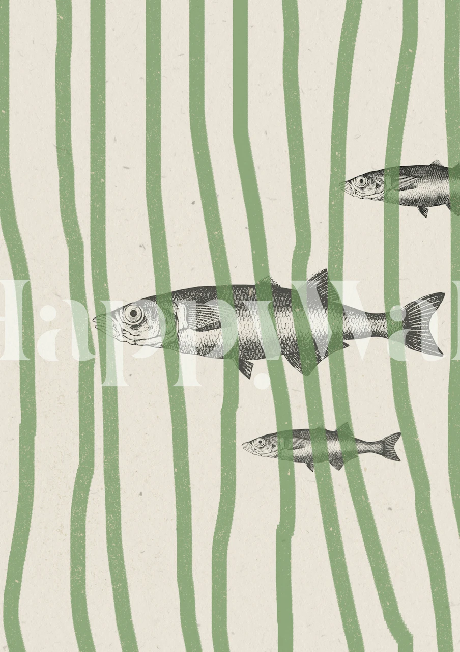 Wallpaper featuring retro fish and seaweed design